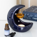 Blue Crescent Moon Ceramic Oil Burner & Wax Melt Warmer | Gold Dish | Celestial Boho Home Decor