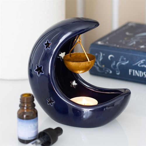 Blue Crescent Moon Ceramic Oil Burner & Wax Melt Warmer | Gold Dish | Celestial Boho Home Decor