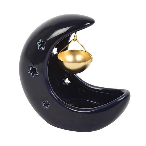 Blue Crescent Moon Ceramic Oil Burner & Wax Melt Warmer | Gold Dish | Celestial Boho Home Decor