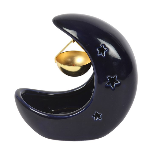 Blue Crescent Moon Ceramic Oil Burner & Wax Melt Warmer | Gold Dish | Celestial Boho Home Decor