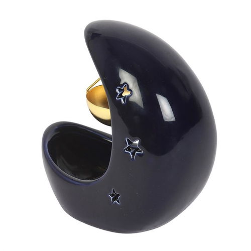 Blue Crescent Moon Ceramic Oil Burner & Wax Melt Warmer | Gold Dish | Celestial Boho Home Decor