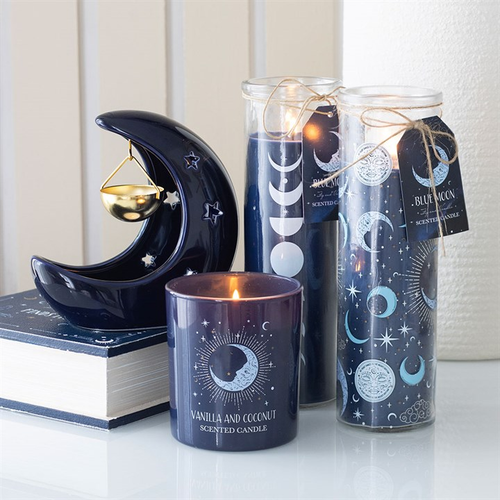 Blue Crescent Moon Ceramic Oil Burner & Wax Melt Warmer | Gold Dish | Celestial Boho Home Decor